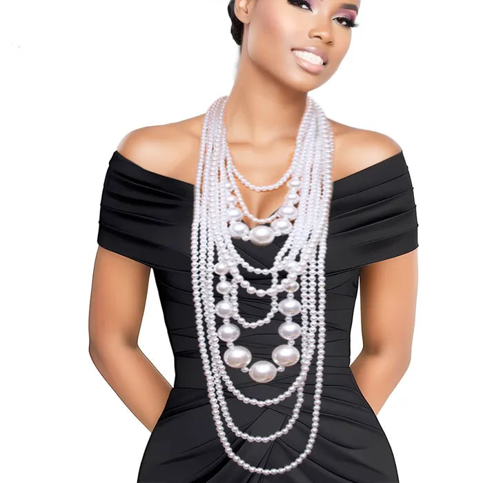 White Long White Pearl Necklace Set