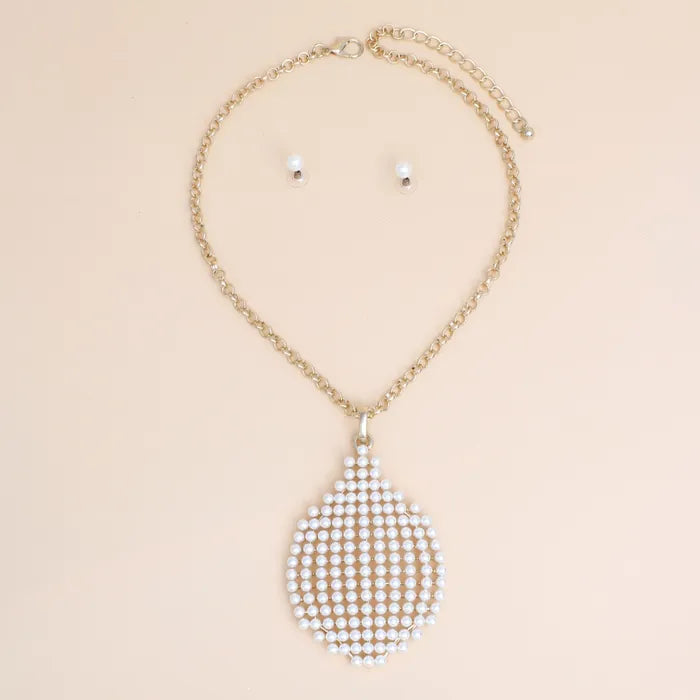 Pendant Cream Pearl Ornamental Teardrop Gold Set