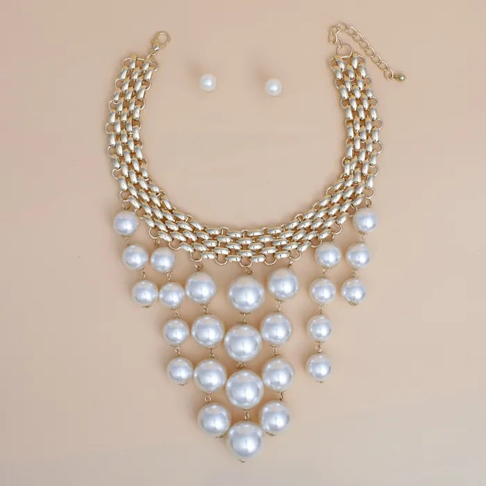 Choker Modernist Gold Woven Chain Pearl Drop Set