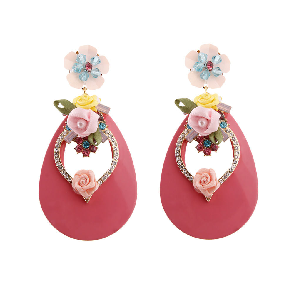Pink Teardrop Earrings - Rhinestone & Flower