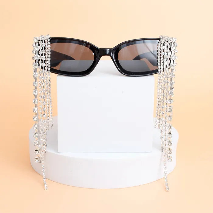 Sunglasses Black Rectangle Rhinestone Fringe