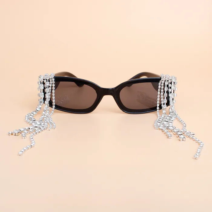 Sunglasses Black Rectangle Rhinestone Fringe