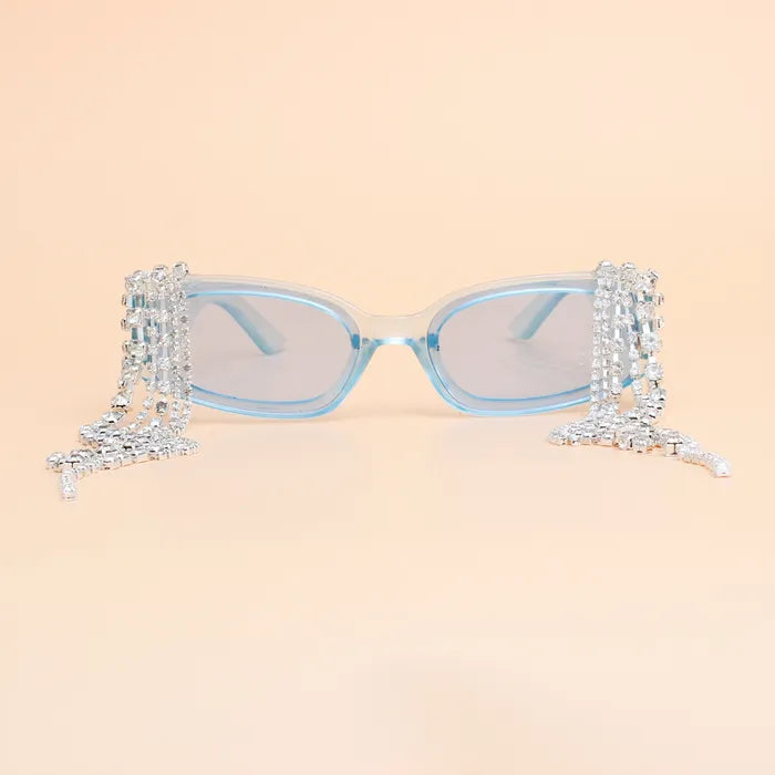 Sunglasses Blue Rectangle Rhinestone Fringe