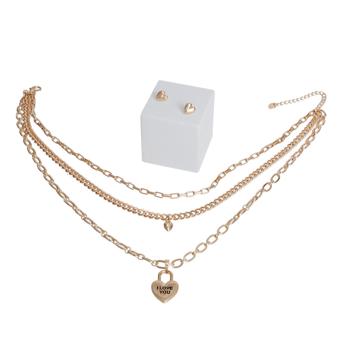 Gold 3 Layer Chain Locked Heart Dainty Necklace Set