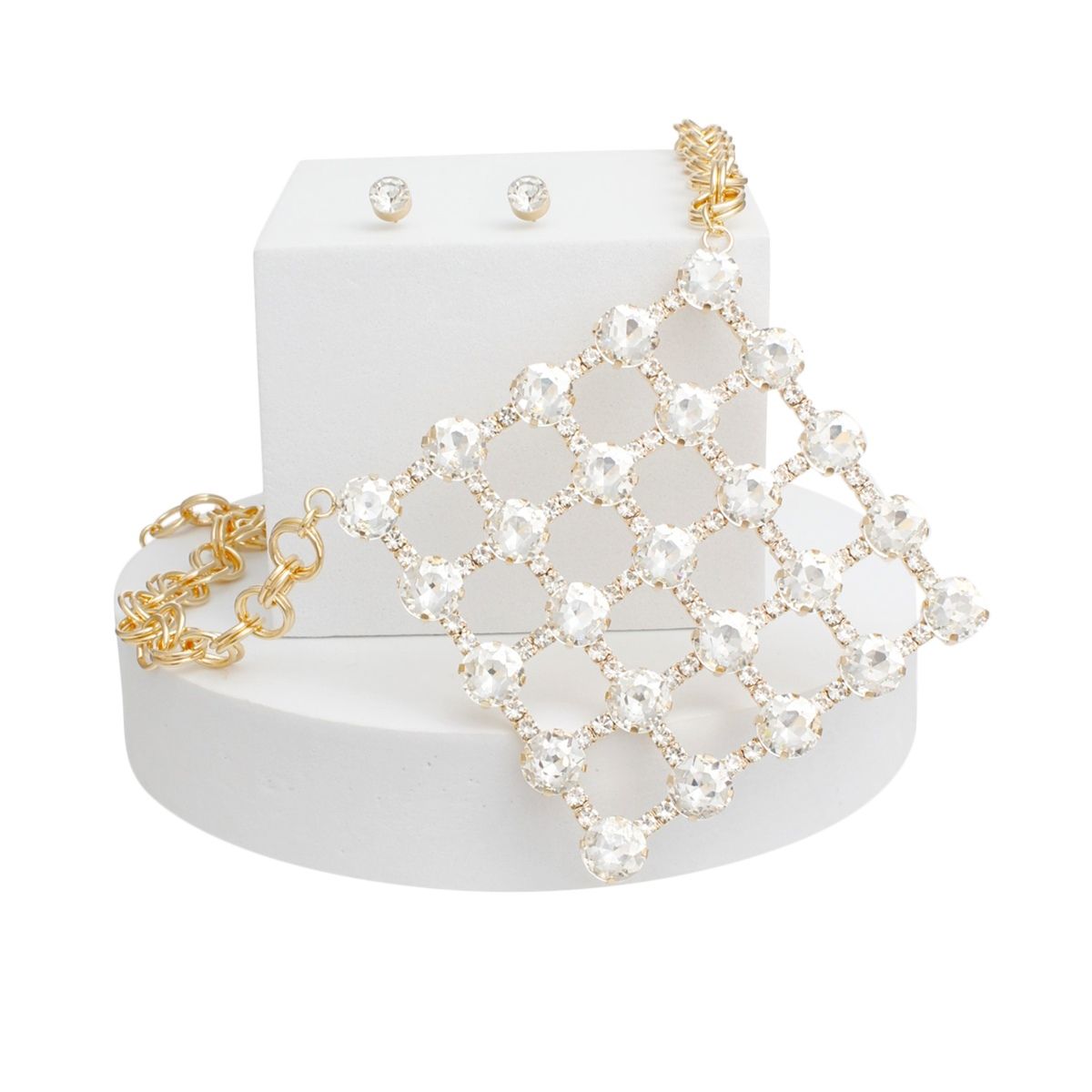 Pendant Gold Crystal Square Grid Chain Necklace