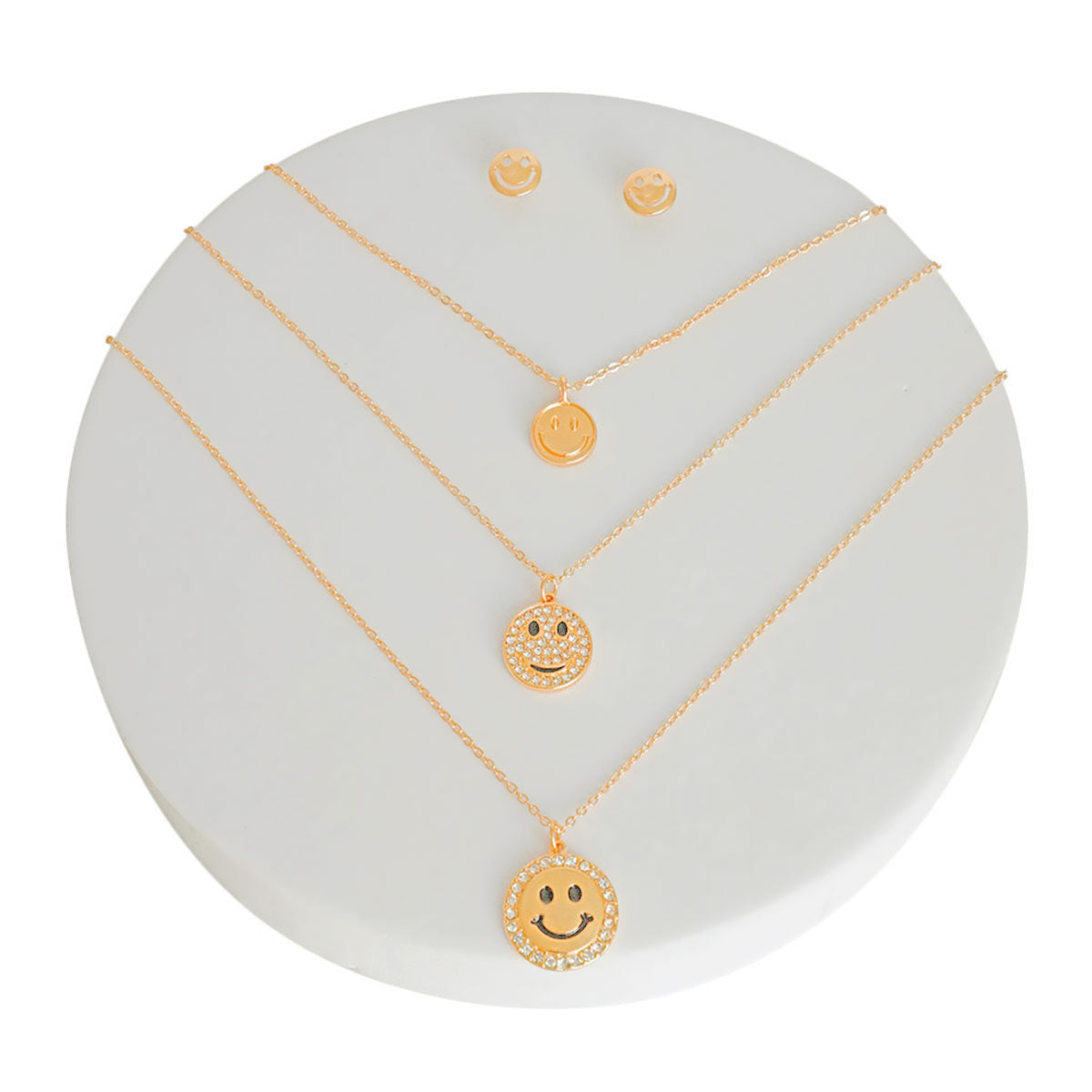 Gold 3 Layer Bling Smiley Face Dainty Necklace Set