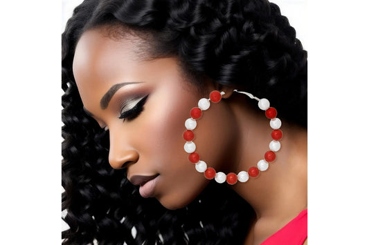 DST Sorority Red White Pearl Hoops for Women