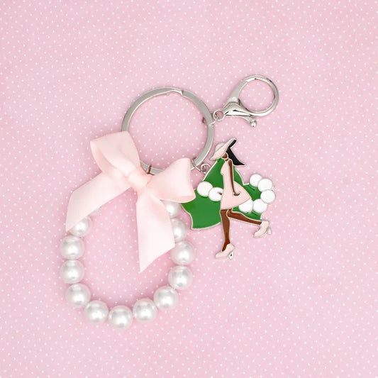 AKA Sorority Pink Lady Green Ivy Pearl Keychain