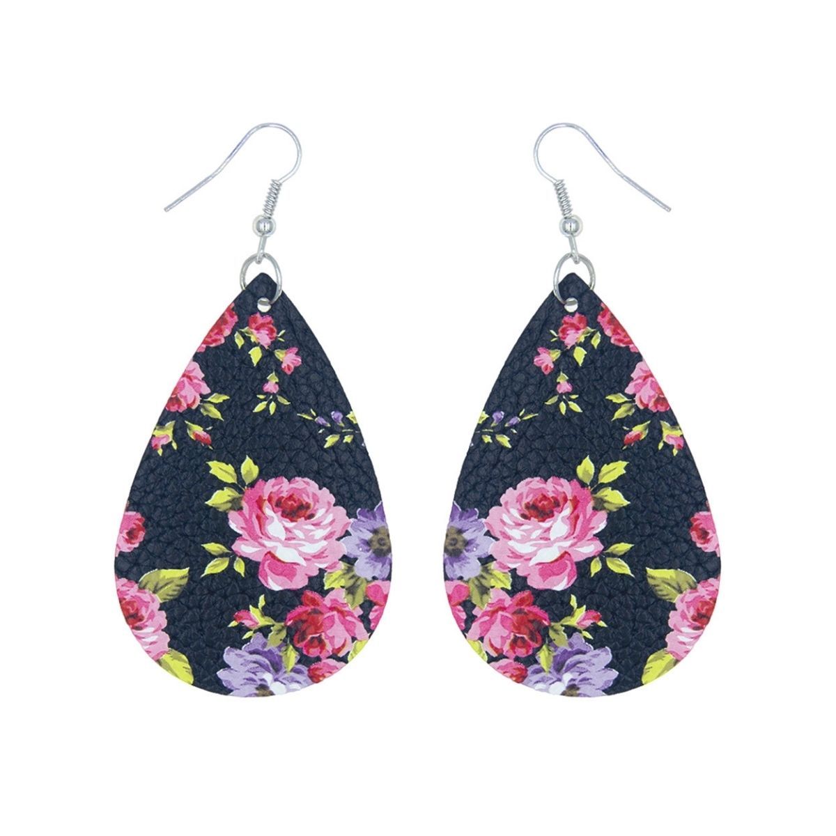 Pink Rose Printed Teardrop Earrings