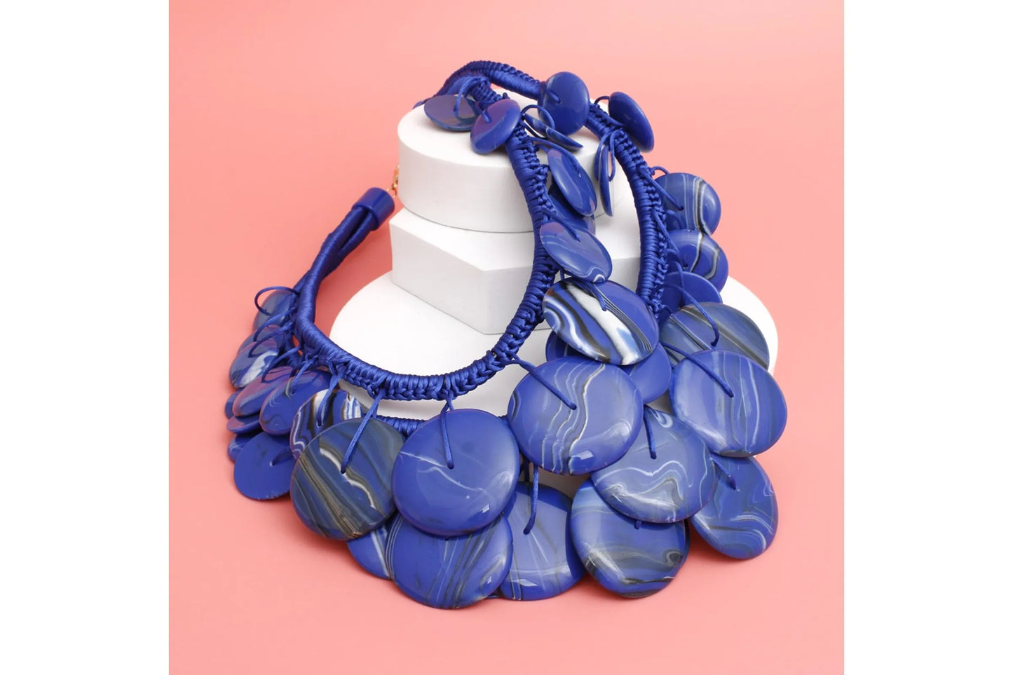 Bib Blue Dramatic Long Cord Disc Necklace Women