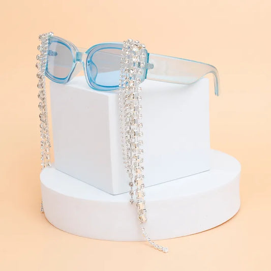 Sunglasses Blue Rectangle Rhinestone Fringe