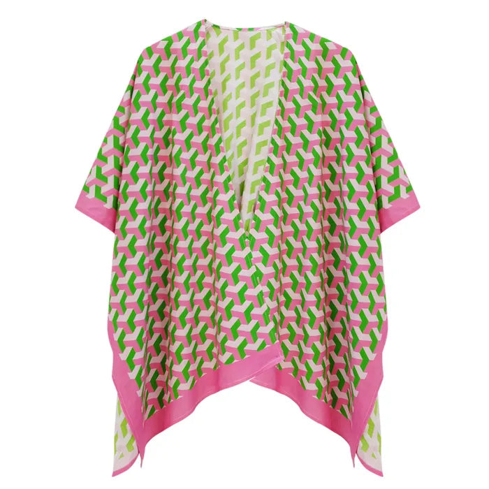 Summer Kimono Pink Green Block Print Women