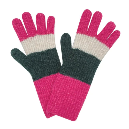 Long Gloves Pink Green Stripe Knit for Women