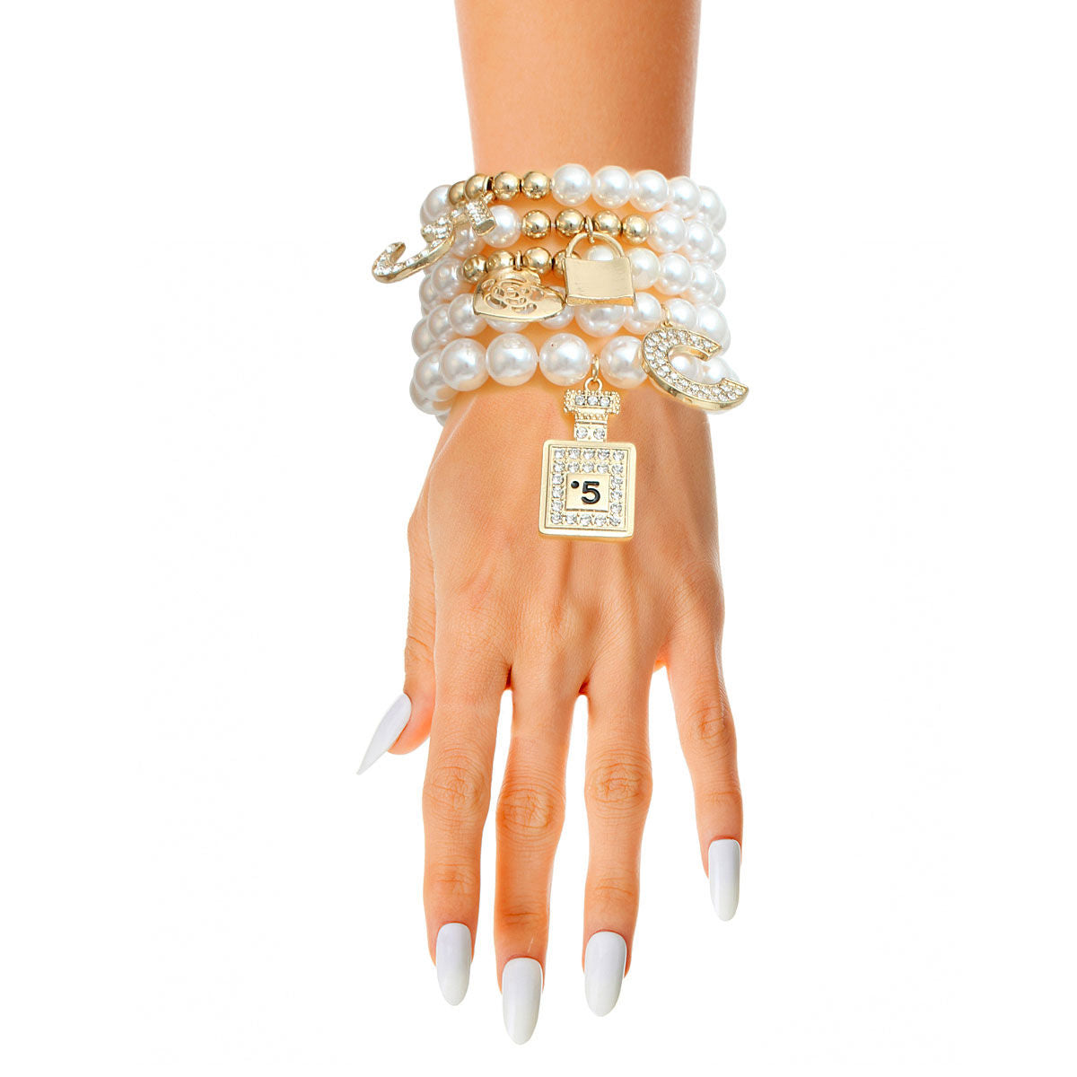 White Pearl Gold Boutique Charm Bracelets
