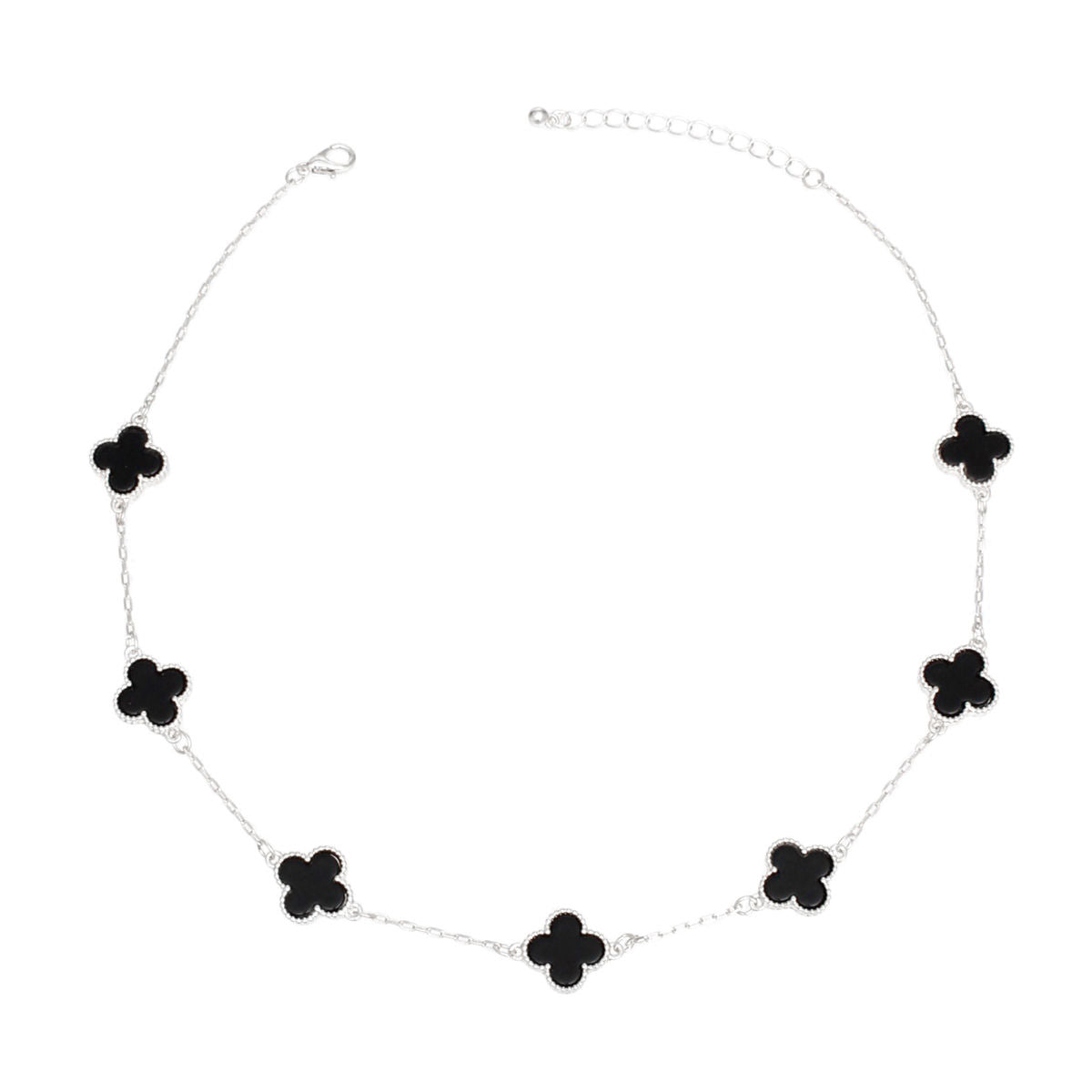 Necklace Silver Black Quatrefoil Clover 7 Motifs