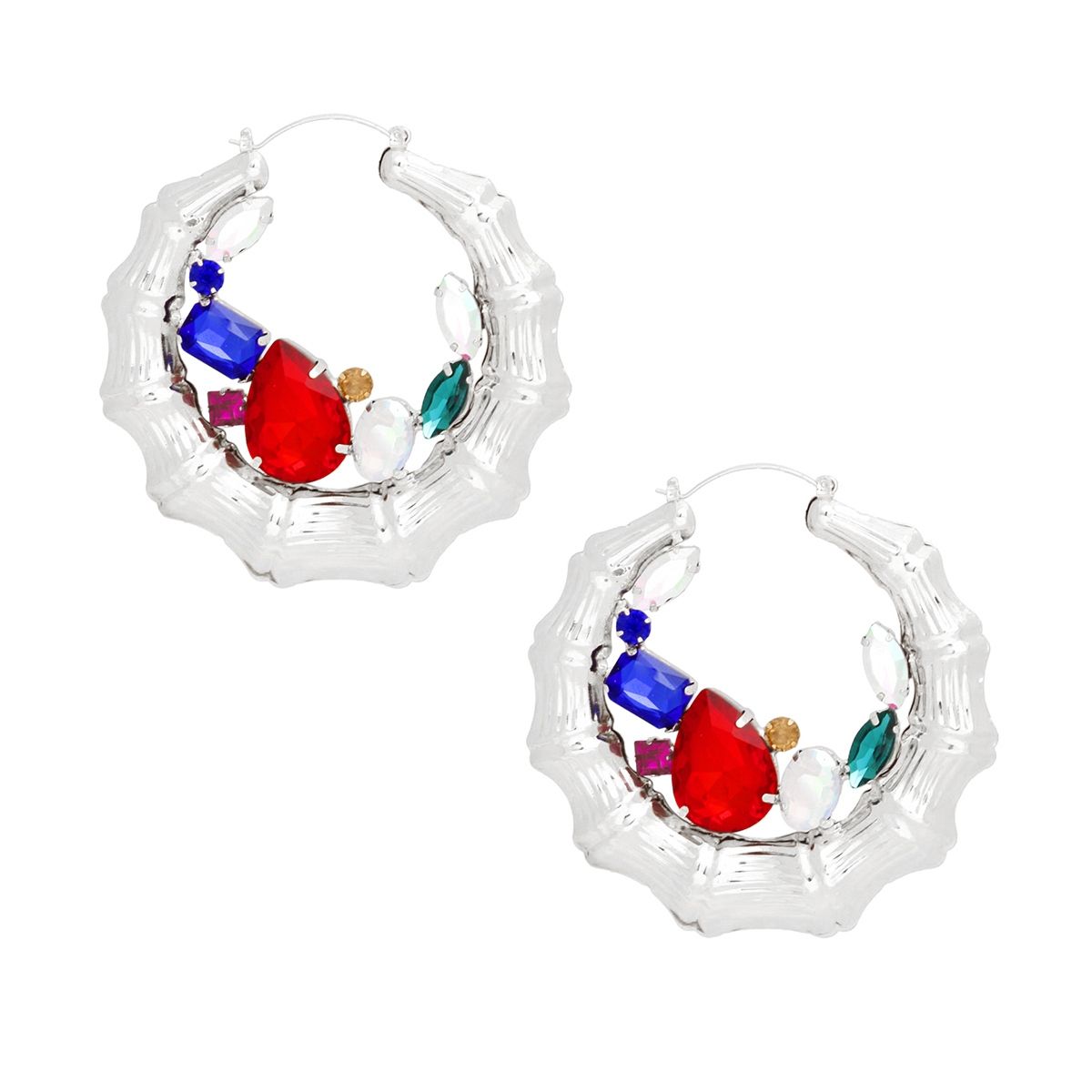 Hoops Silver Bamboo Radiant Crystal Earrings