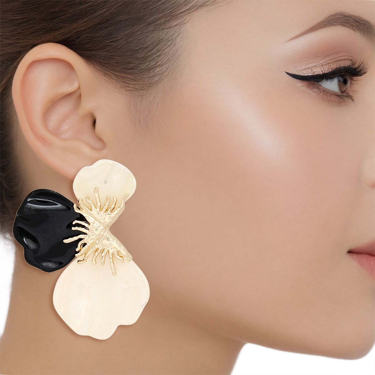 Studs Black Tropical Bloom Triple Petal Earrings