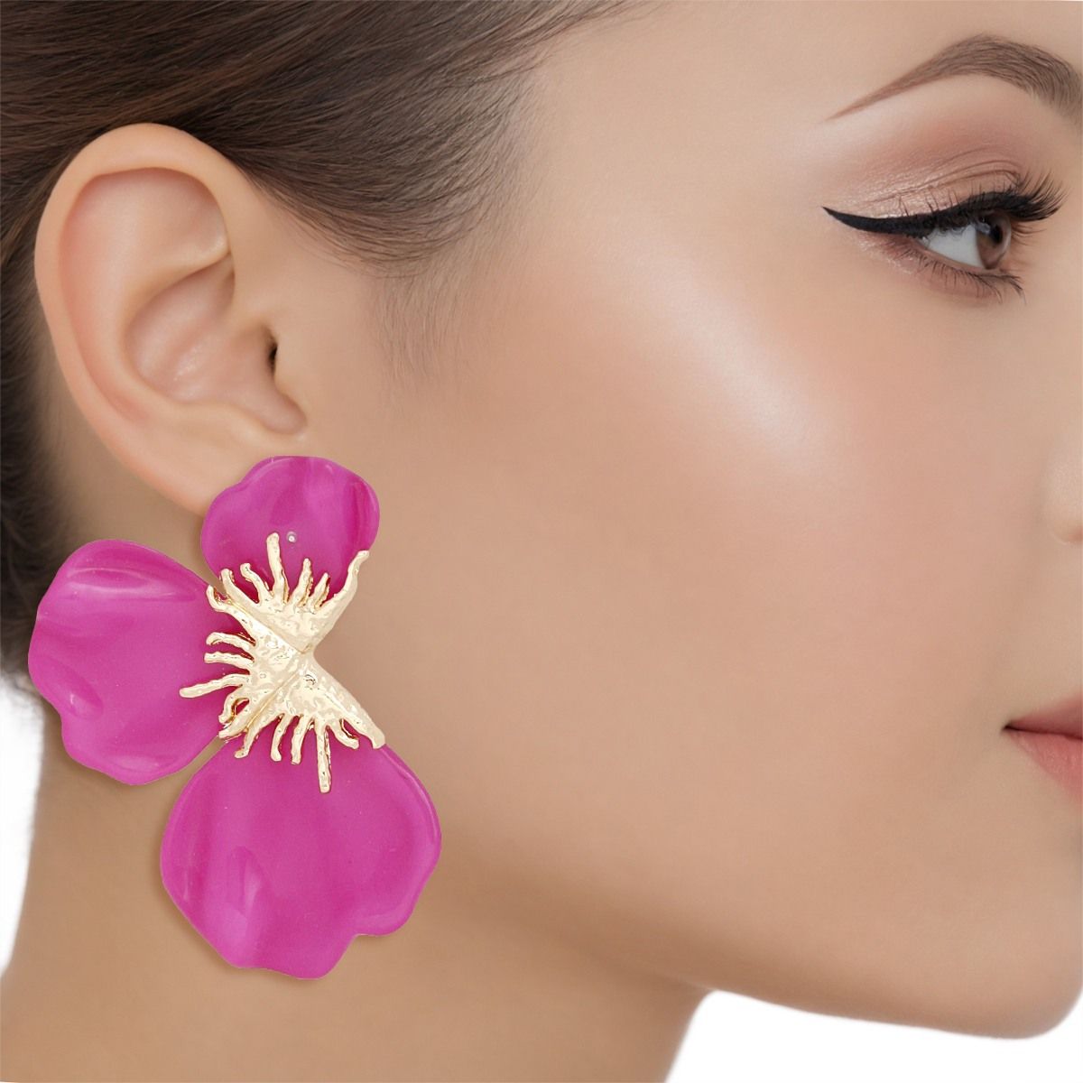 Studs Fuchsia Tropical Bloom Triple Petal Earrings