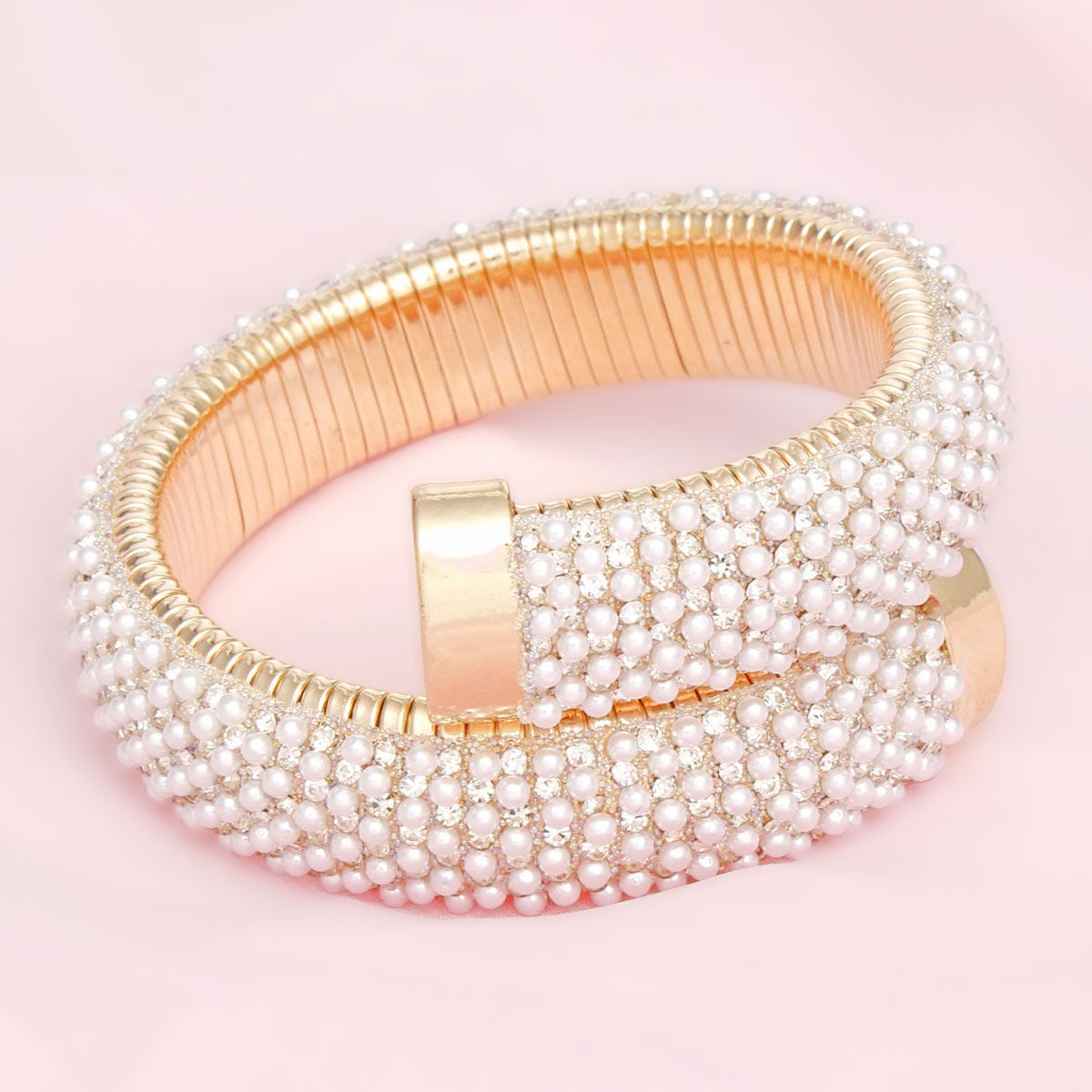 Cuff Gold Pearl Rhinestone Crusted Wrap Bracelet