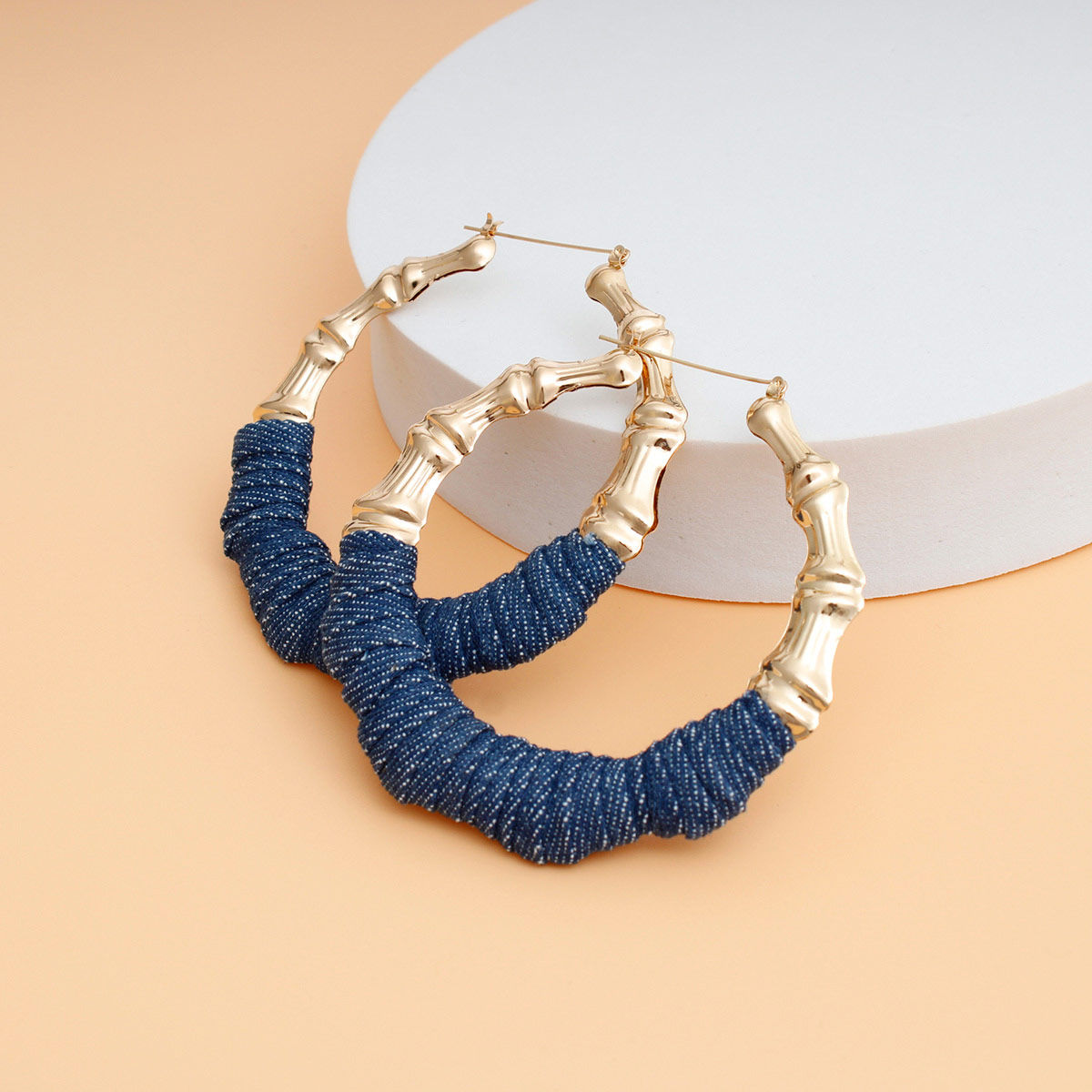 Hoop Gold Denim Wrapped Bamboo Earrings Women