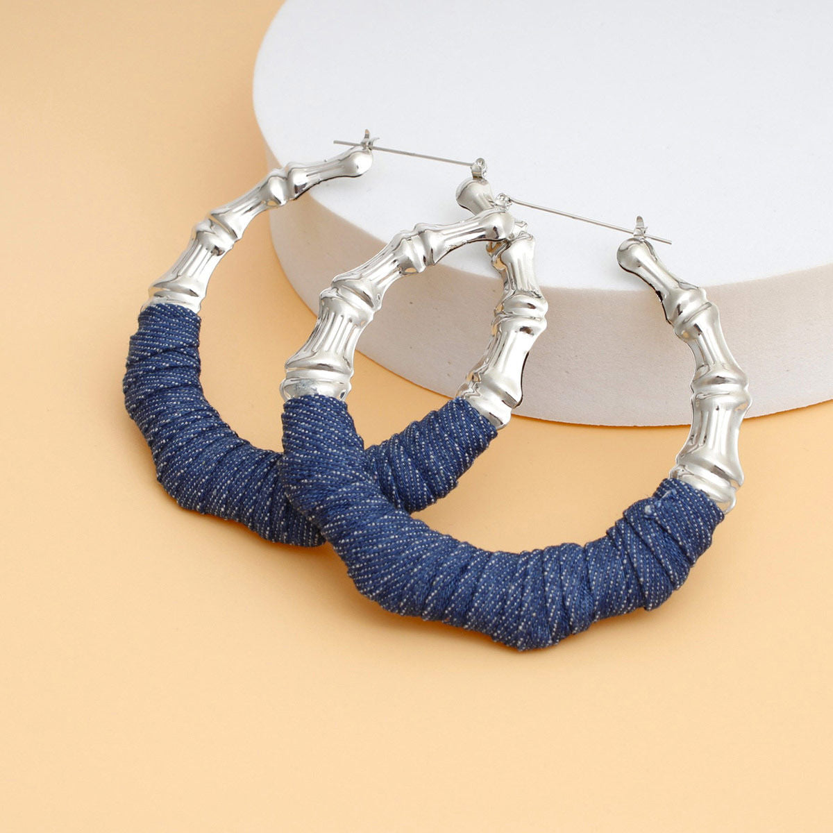 Hoop Silver Denim Wrapped Bamboo Earrings Women