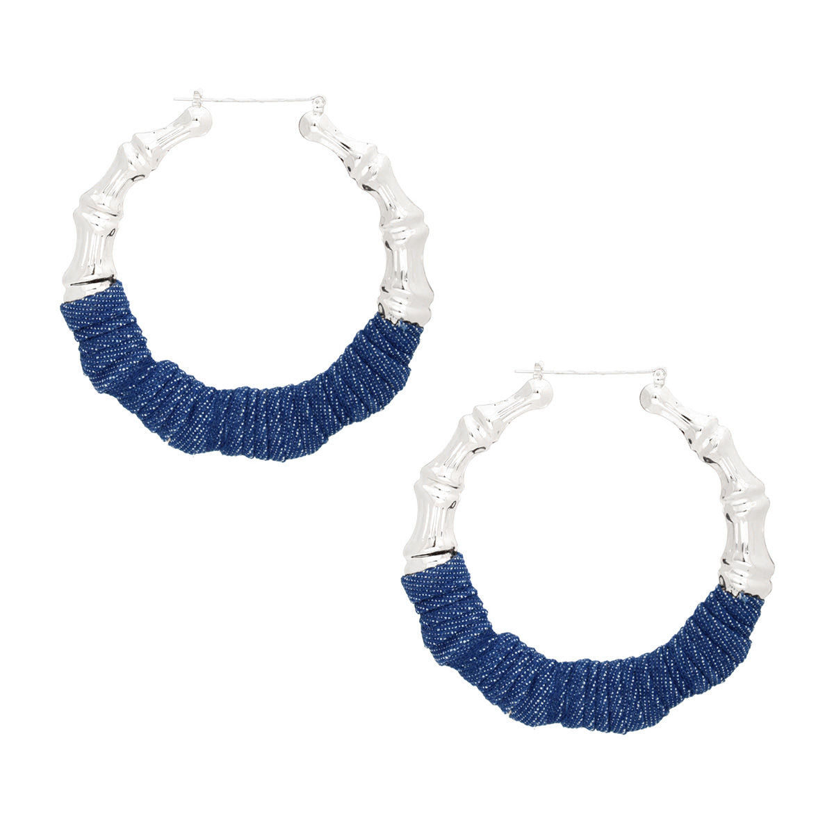 Hoop Silver Denim Wrapped Bamboo Earrings Women