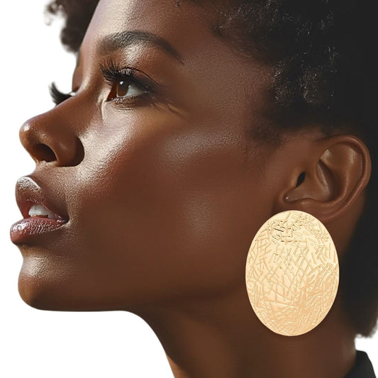 Stud Gold Metal Scratched Oval Plate Earrings