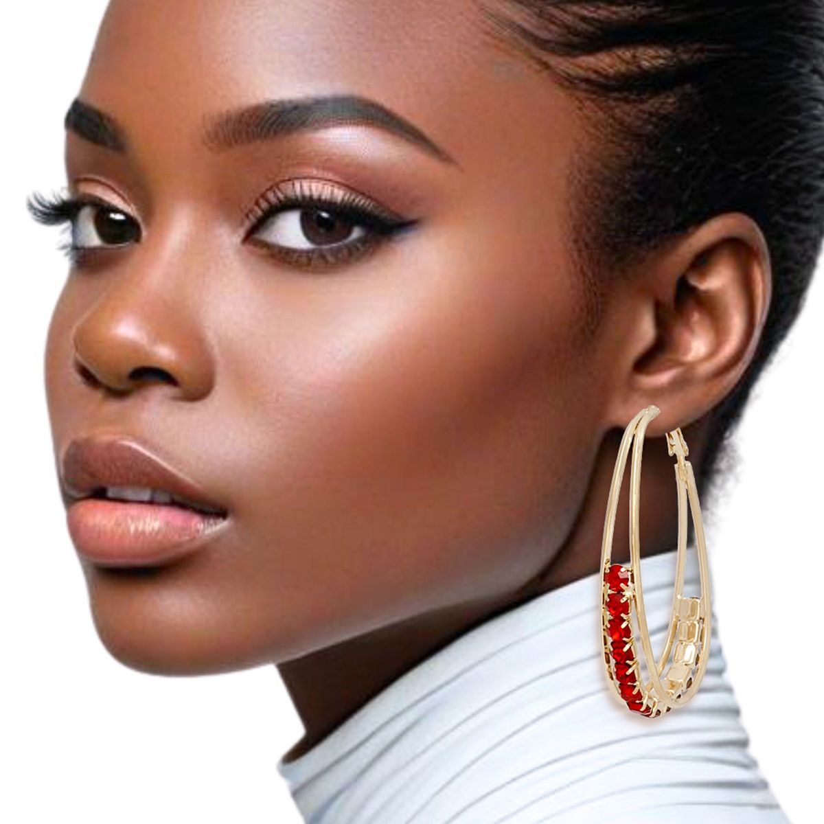 Hoops Oval Gold Split Red Rhinestone Earrings