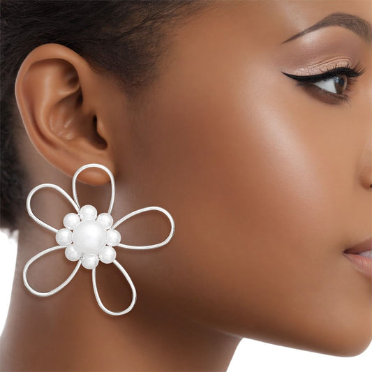 Studs Handmade Silver Wire Flower Pearl Earrings