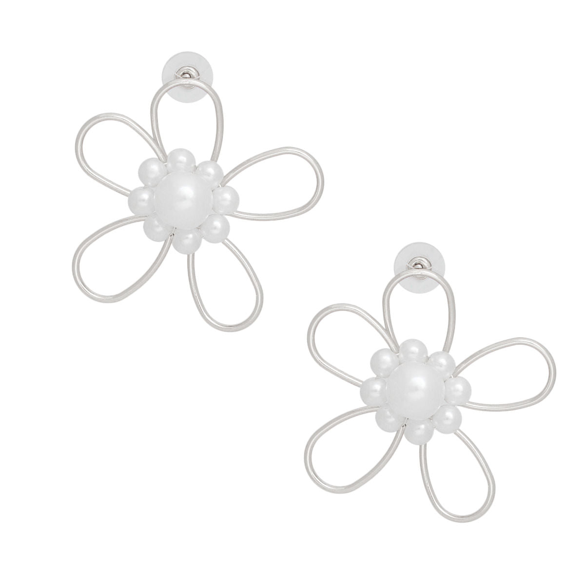 Studs Handmade Silver Wire Flower Pearl Earrings