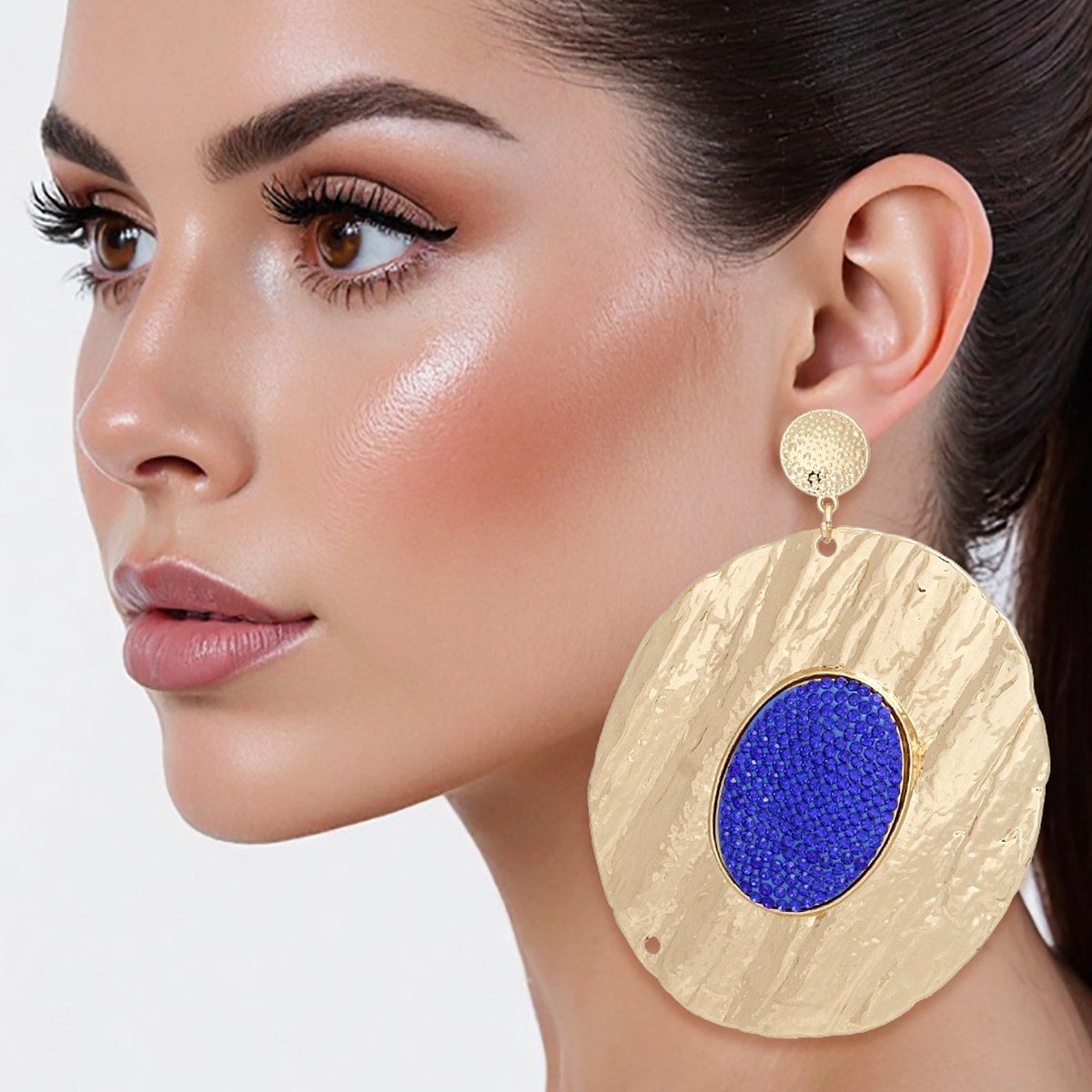 Drop Dramatic Large Gold Oval Blue Inset Earrings