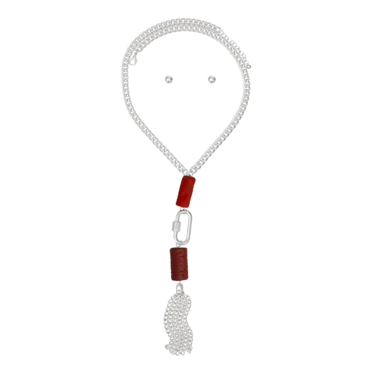 Long Silver Chain Carabiner Red Tassel Necklace