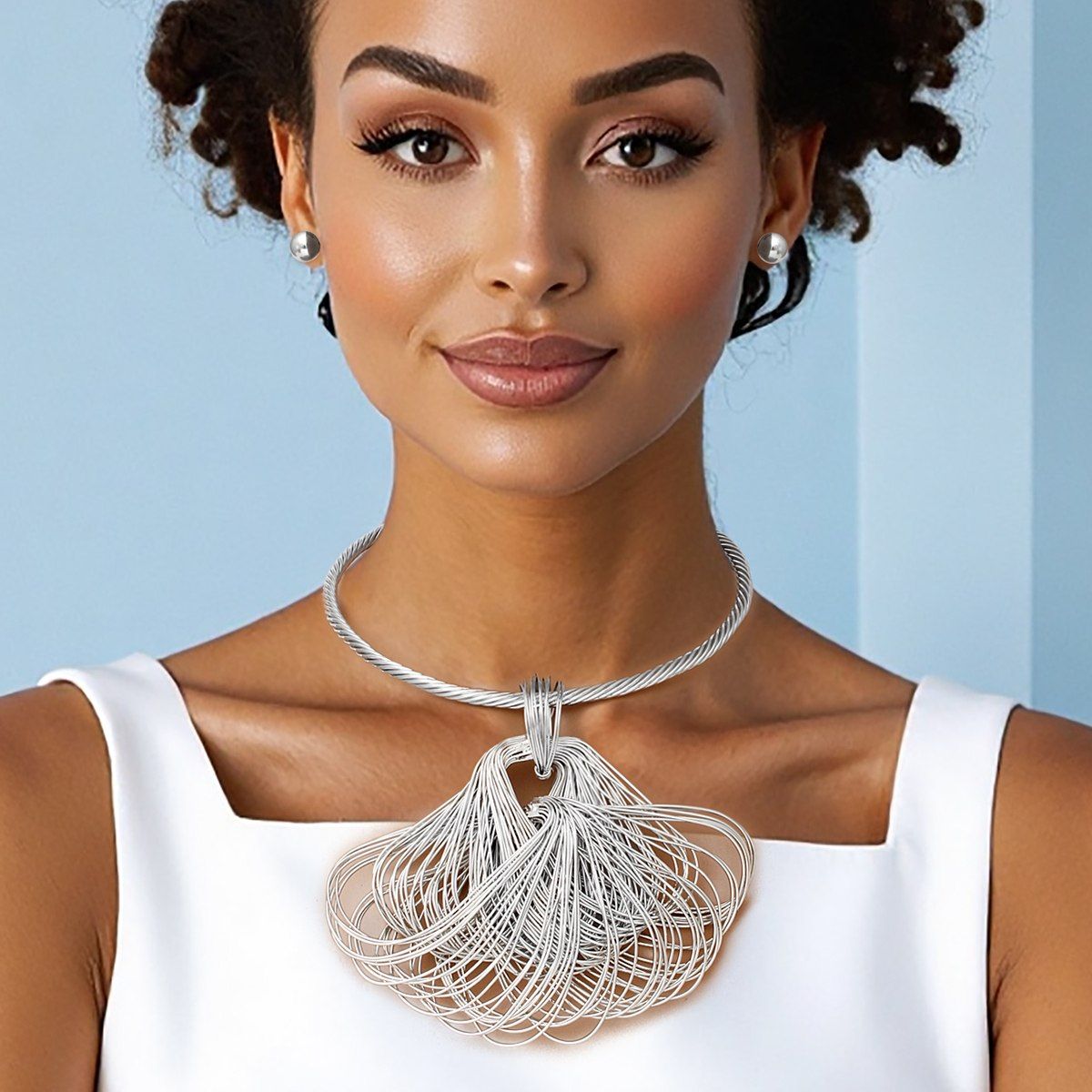 Pendant Silver Large Fanned Metal Wire Necklace