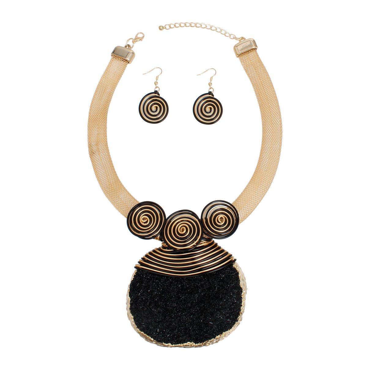 Pendant Black Druzy Stone Wire Tribal Necklace