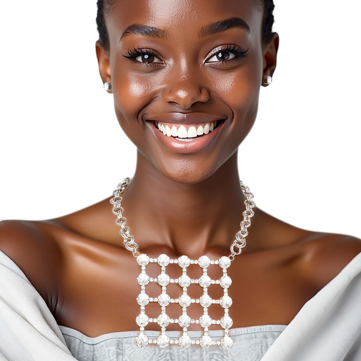 Pendant Silver Crystal Square Grid Chain Necklace