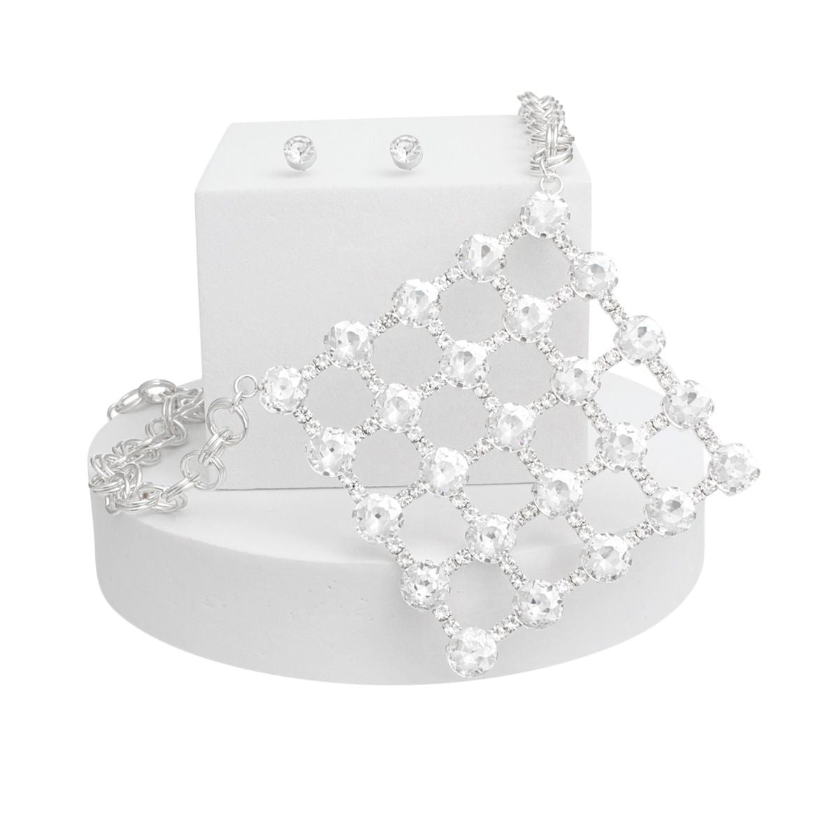 Pendant Silver Crystal Square Grid Chain Necklace