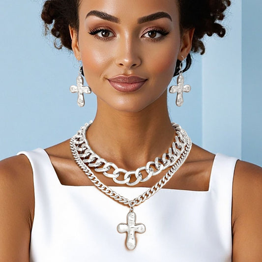 Chain Silver Hammered Cross Pendant Layer Necklace
