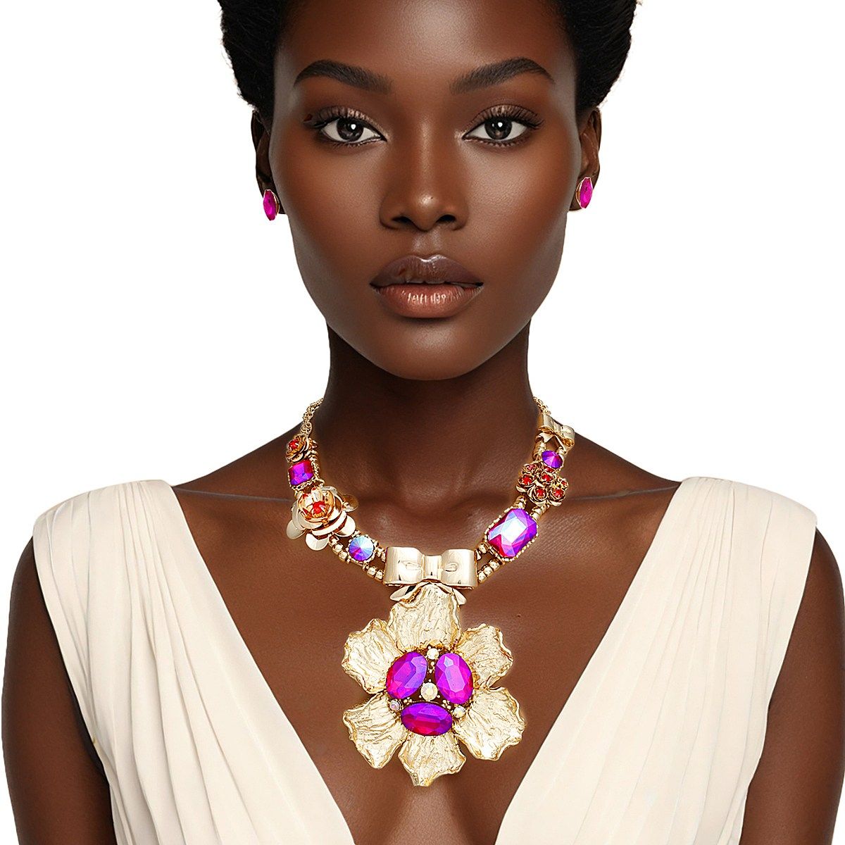 Pendant Gold Red and Purple Bow Flower Necklace