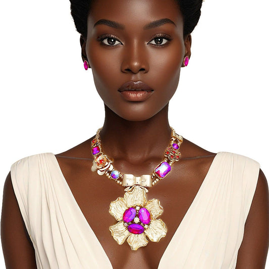 Pendant Gold Red and Purple Bow Flower Necklace
