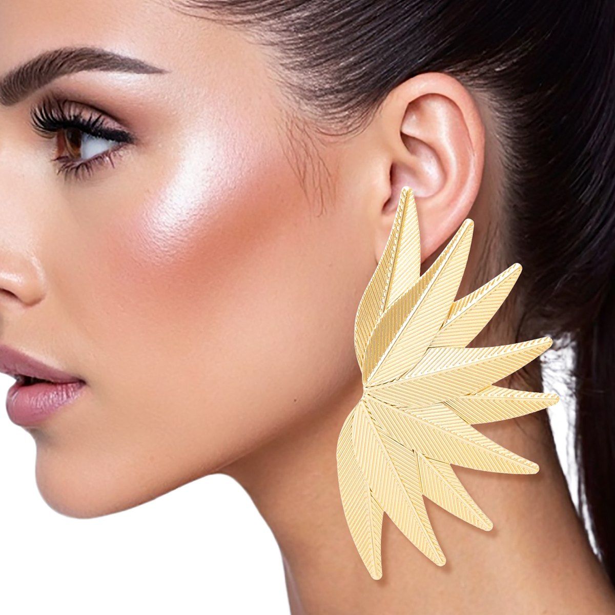 Studs Large Gold Fanned Tropical Leaves Earrings