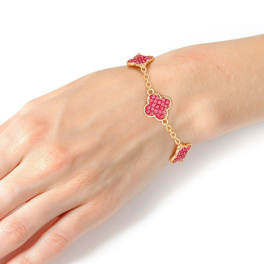 Chain Bracelet Pink Rhinestone Quatrefoil Clovers