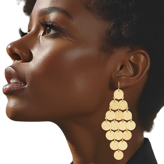 Fish Hook Brushed Gold Coin Dangle Earrings