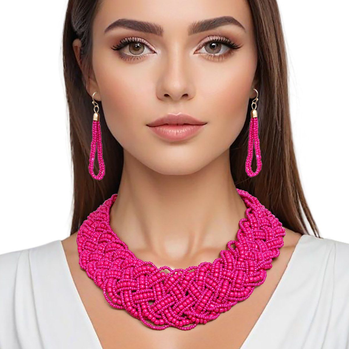 Collar Fuchsia Seed Bead Braided Collar Necklace