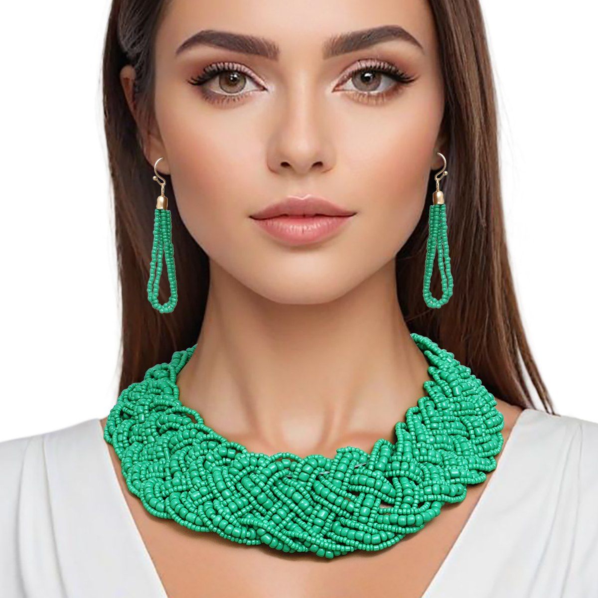 Collard Green Seed Bead Braided Collar Necklace
