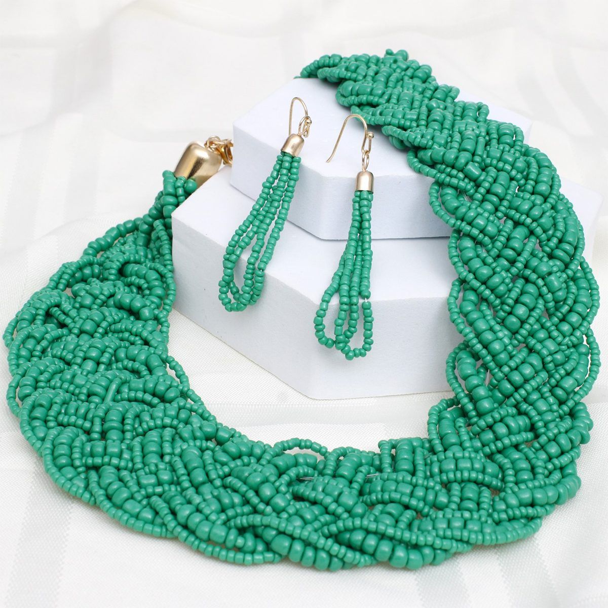 Collard Green Seed Bead Braided Collar Necklace