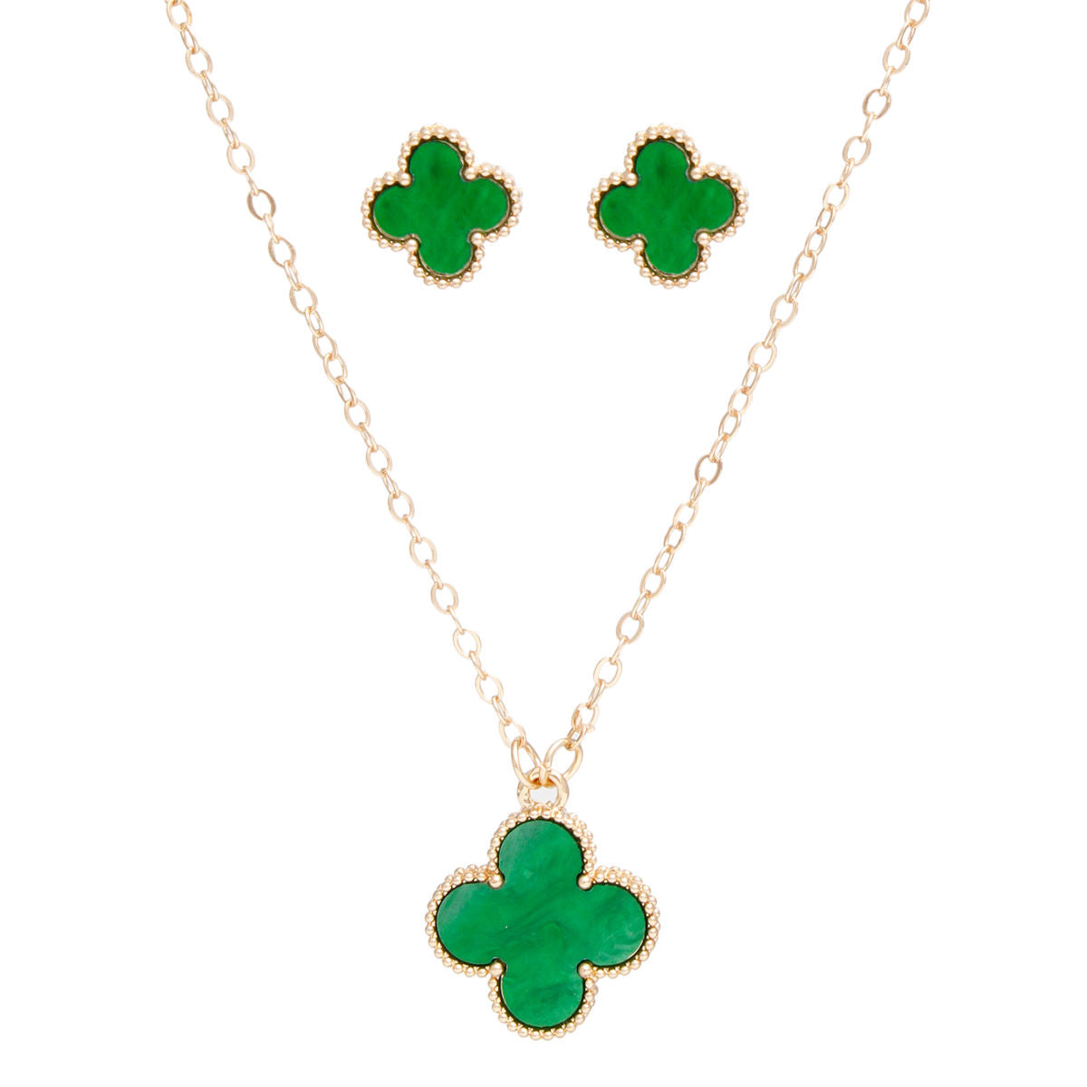 Pendant Vintage Green Quatrefoil Gold Necklace Set