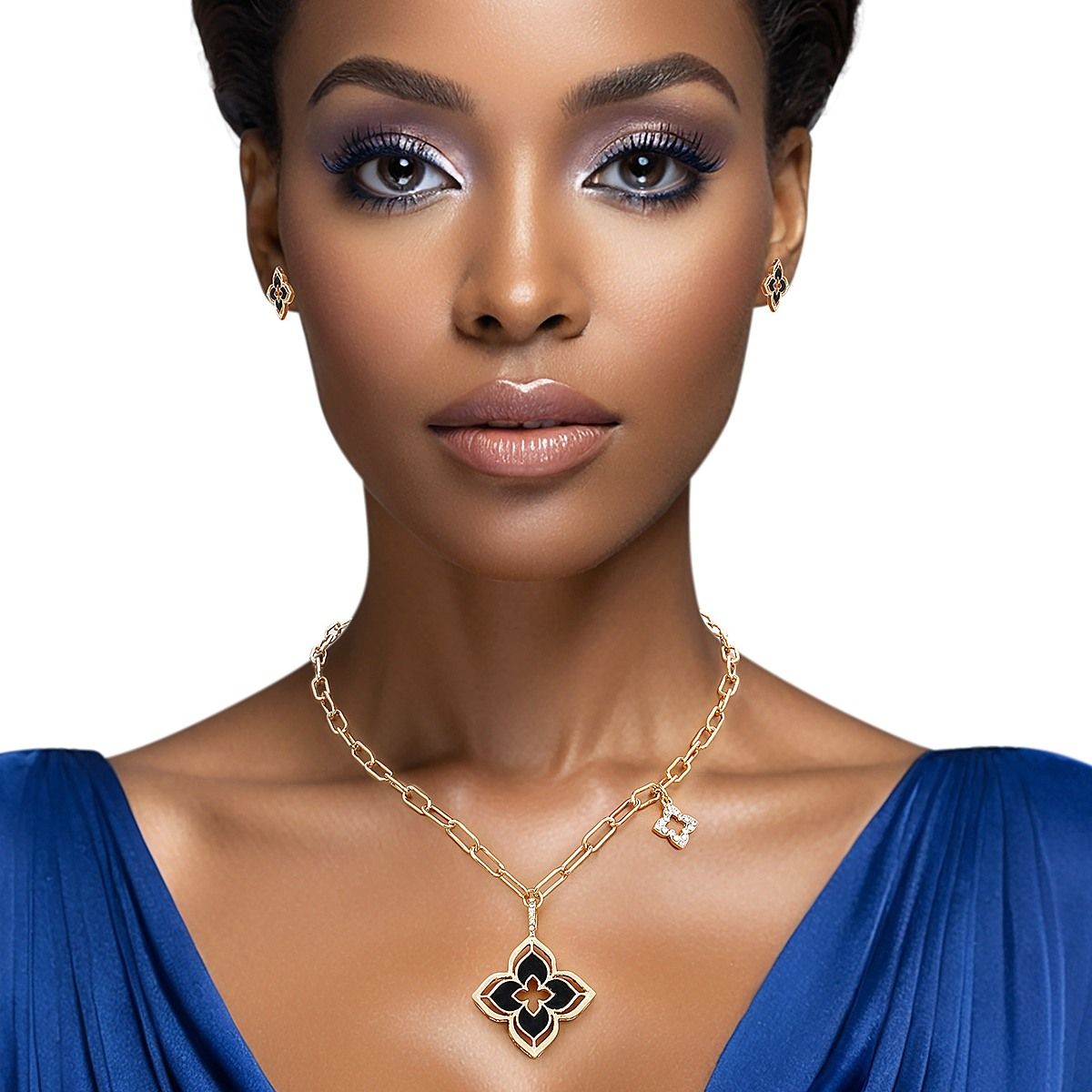 Pendant Gold Black Monogram Flower Necklace Set