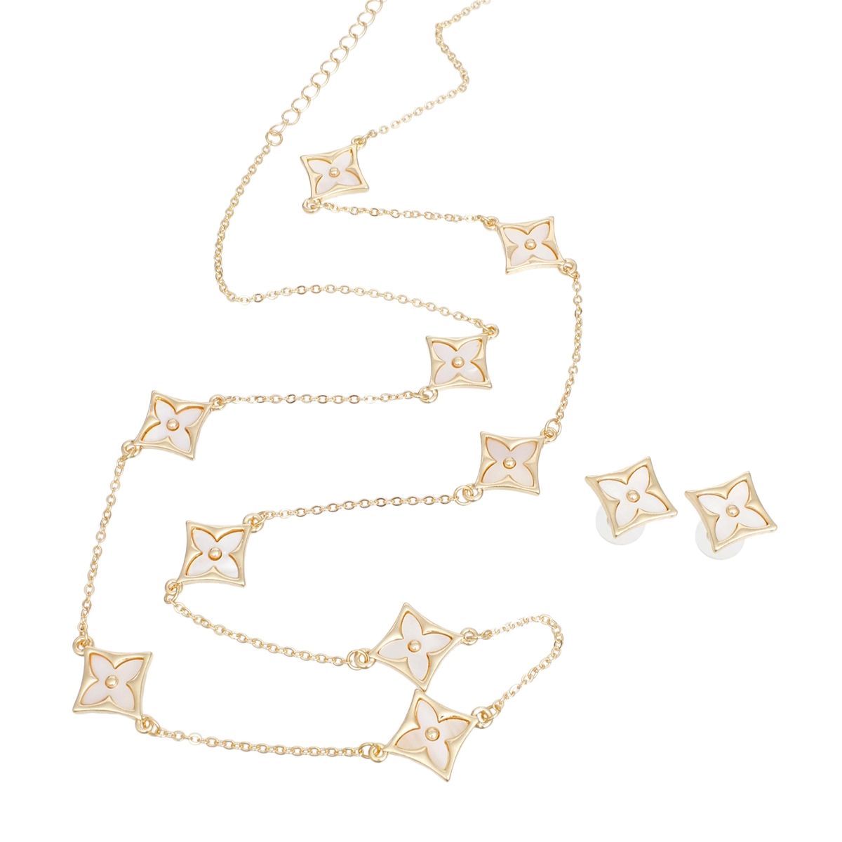 Long Necklace Gold Cream Monogram Flower Chain