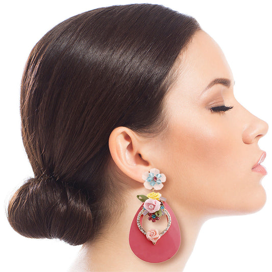 Pink Teardrop Earrings - Rhinestone & Flower